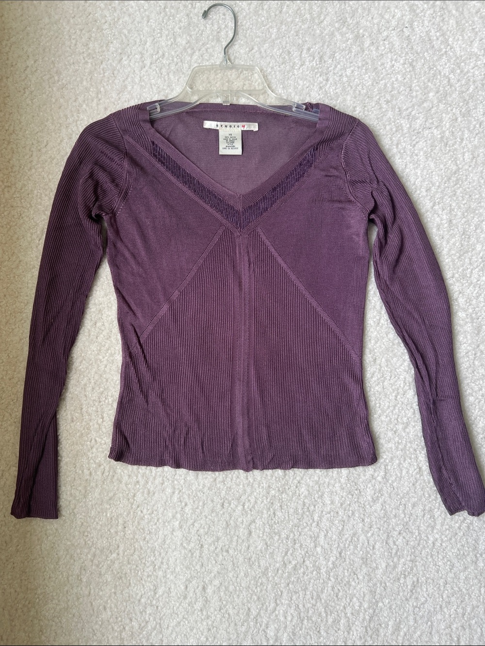Studio M Plum Ribbed V-Neck Long Sleeve Top